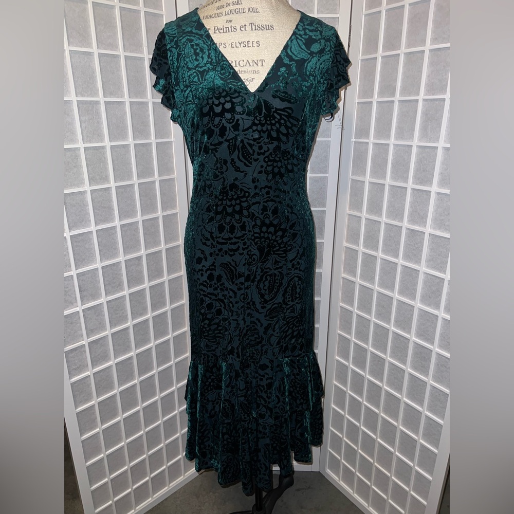 Teal & Black Velvet Midi Dress – Flutter Sleeve